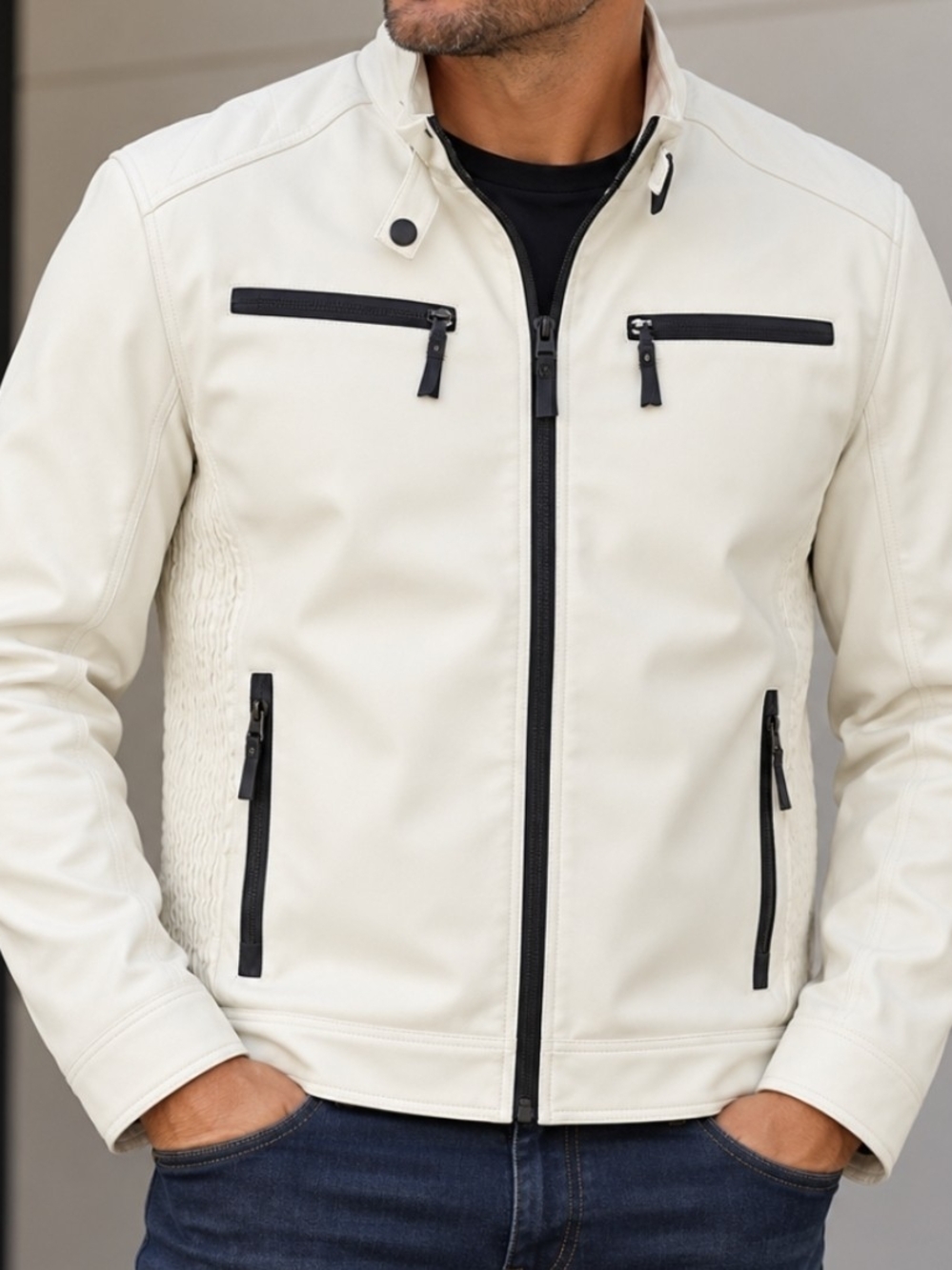 Men's Cream Faux Leather Zip-Front Casual Jacket